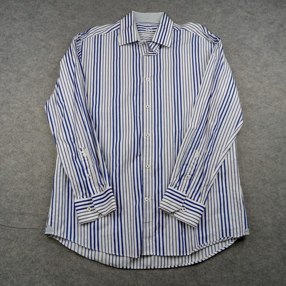 Bugatchi Shirt Mens XL Blue Stripe 100% Cotton Dress Button Front Long Sleeve